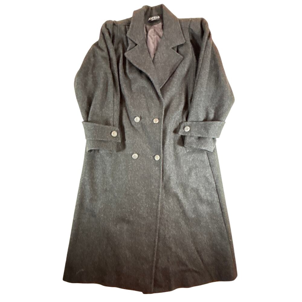 Vintage Jofeld Womens Wool Trench Overcoat Dk Gray Long Double Breasted Coat 80s